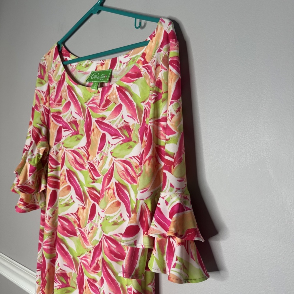 PAPPAGALLO Erika Bright Floral Midi Dress Sz Large Resort Wear Beach Happy - Picture 2 of 7
